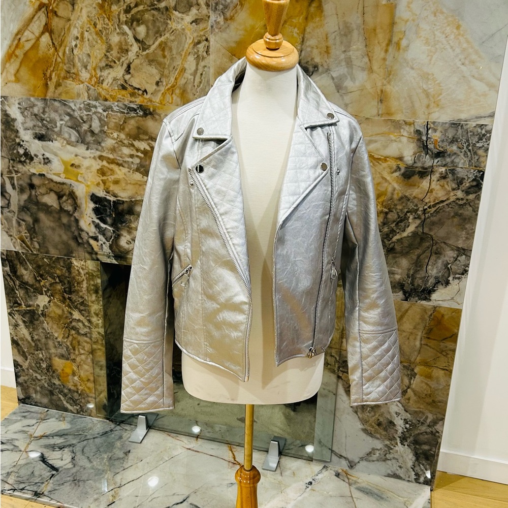 Fashion Nova Silver Leather Jacket with Asymmetrical Zipper and Notched Lapels